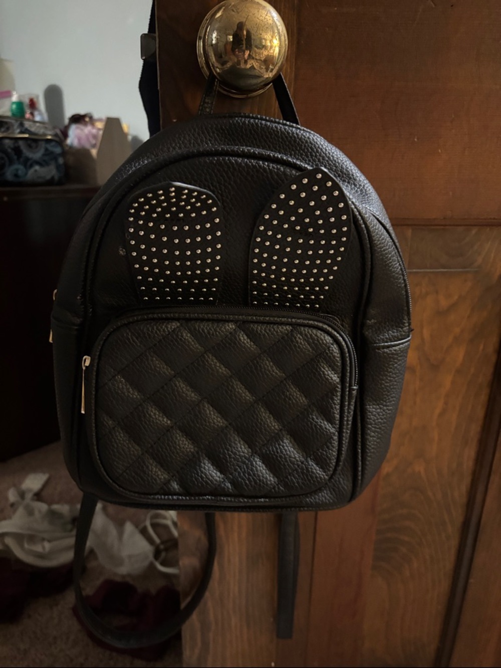 Studded Ear Quilted Mini Backpack - Black